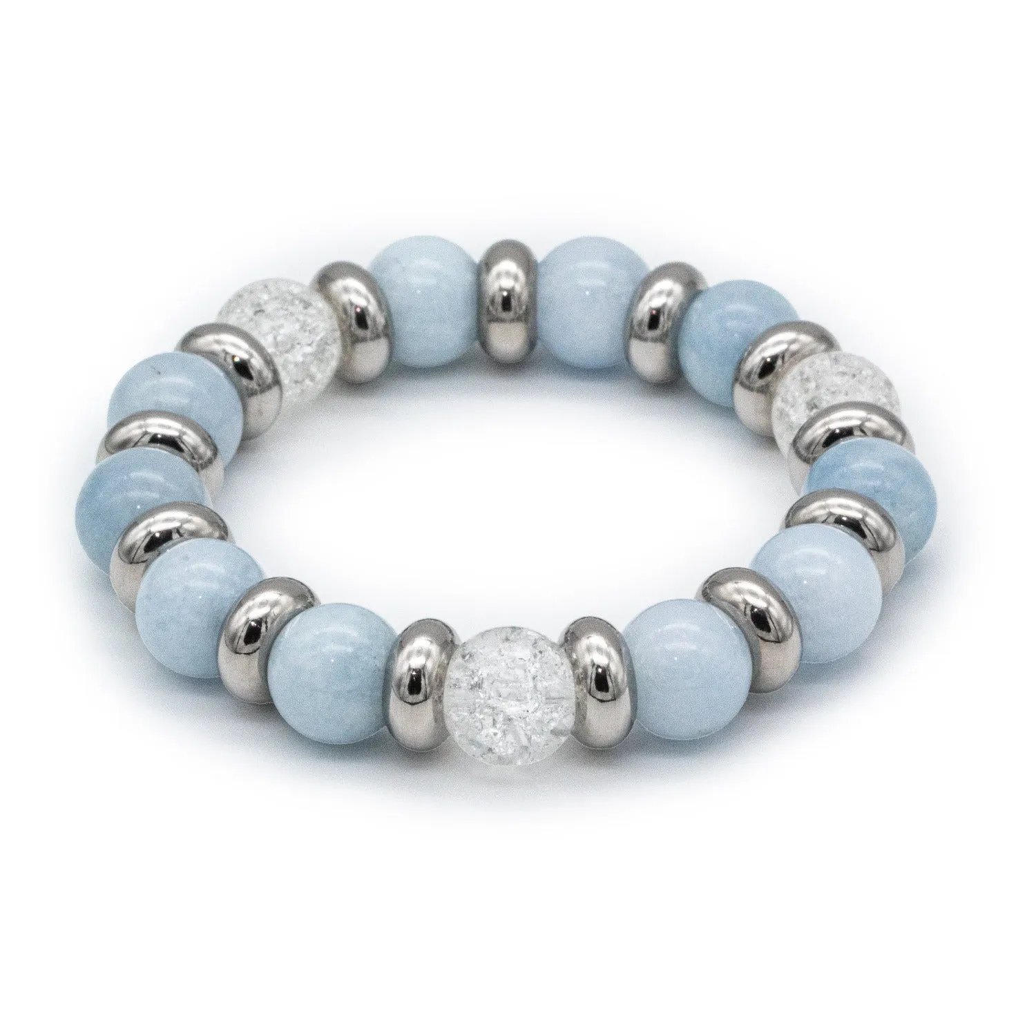 Women's Calming Wisdom Beaded Bracelet with Aquamarine, Quartz Clear and Silver Steel