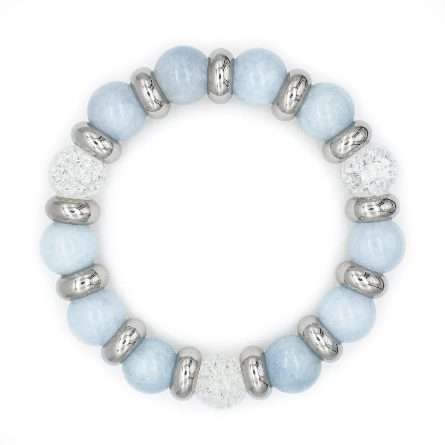 Women's Calming Wisdom Beaded Bracelet with Aquamarine, Quartz Clear and Silver Steel